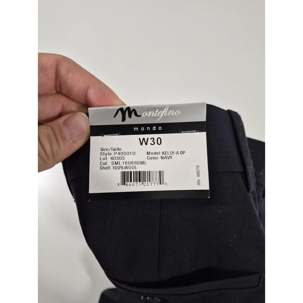 Montefino Dress Pants Mens 30x36 Navy Super 120s Wool Flat Front Unhemmed NWT